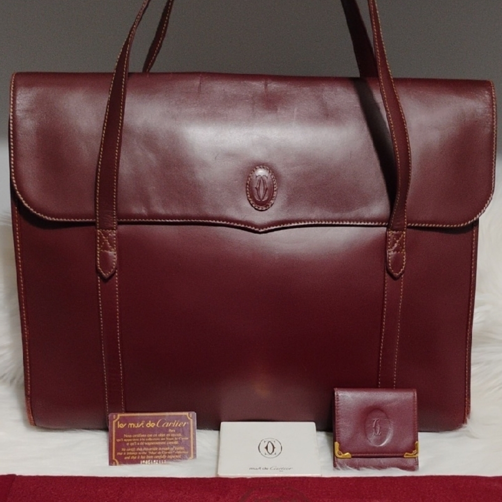 SALE! Auth Cartier Must Line Leather Bordeaux Shoulder Bag Dust Bag Coin Case - Picture 2 of 16